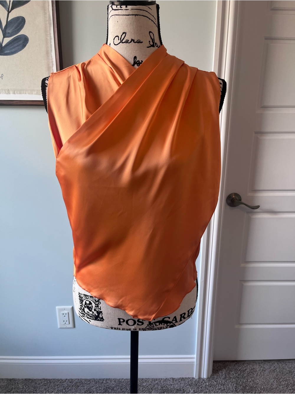 Sleeveless Draped Orange Satin Top